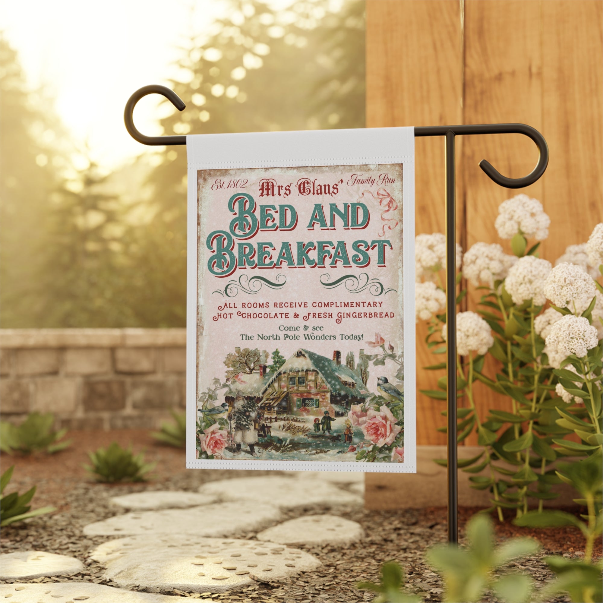 Vintage Mrs Claus Bed and Breakfast Christmas Garden Flag 12x18 – Pink Grandmillennial Winter Yard Decor