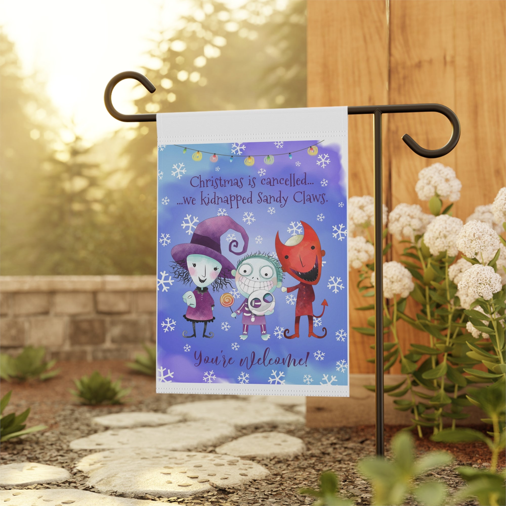 Christmas is Cancelled You're Welcome Garden Flag 12x18 – Cute Cartoon Winter House Yard Decor