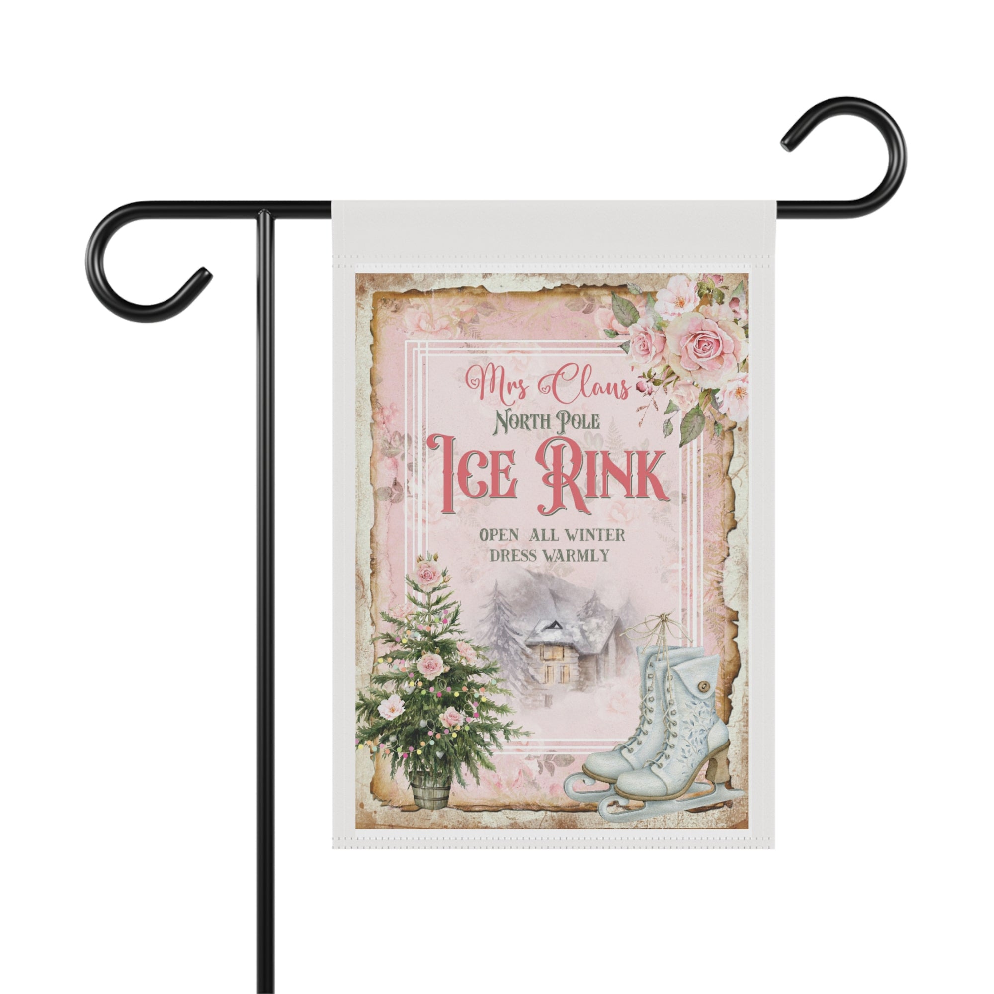 Vintage Mrs Claus ice skating pink floral Christmas garden flag, 12x18 winter yard decor