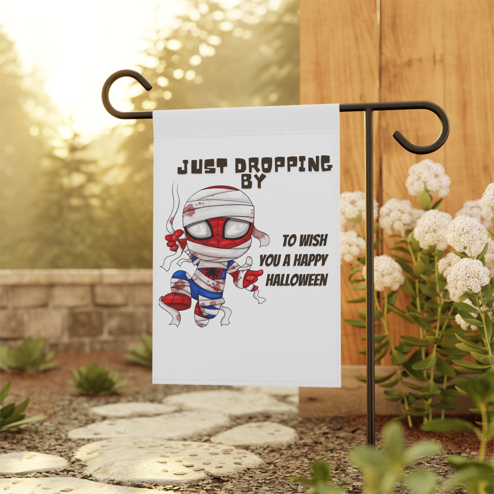Just Dropping By Happy Halloween Garden Flag 12x18 – Funny Superhero Yard Decor