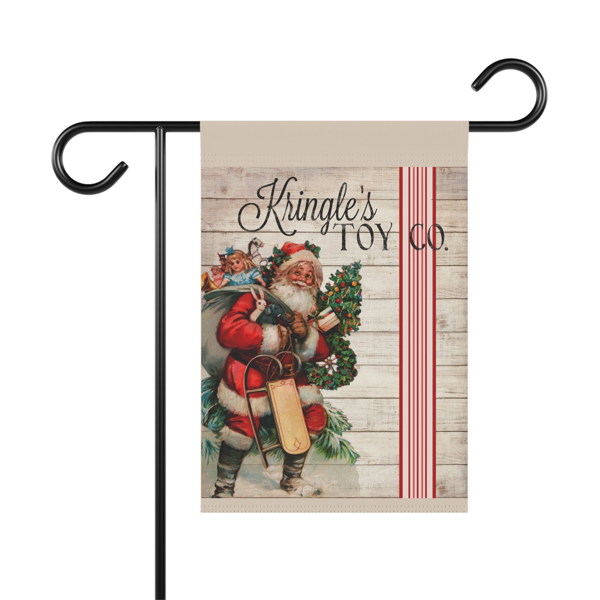 Vintage Santa Kringle's Toy Co. retro Christmas garden flag, 12x18 winter yard decor
