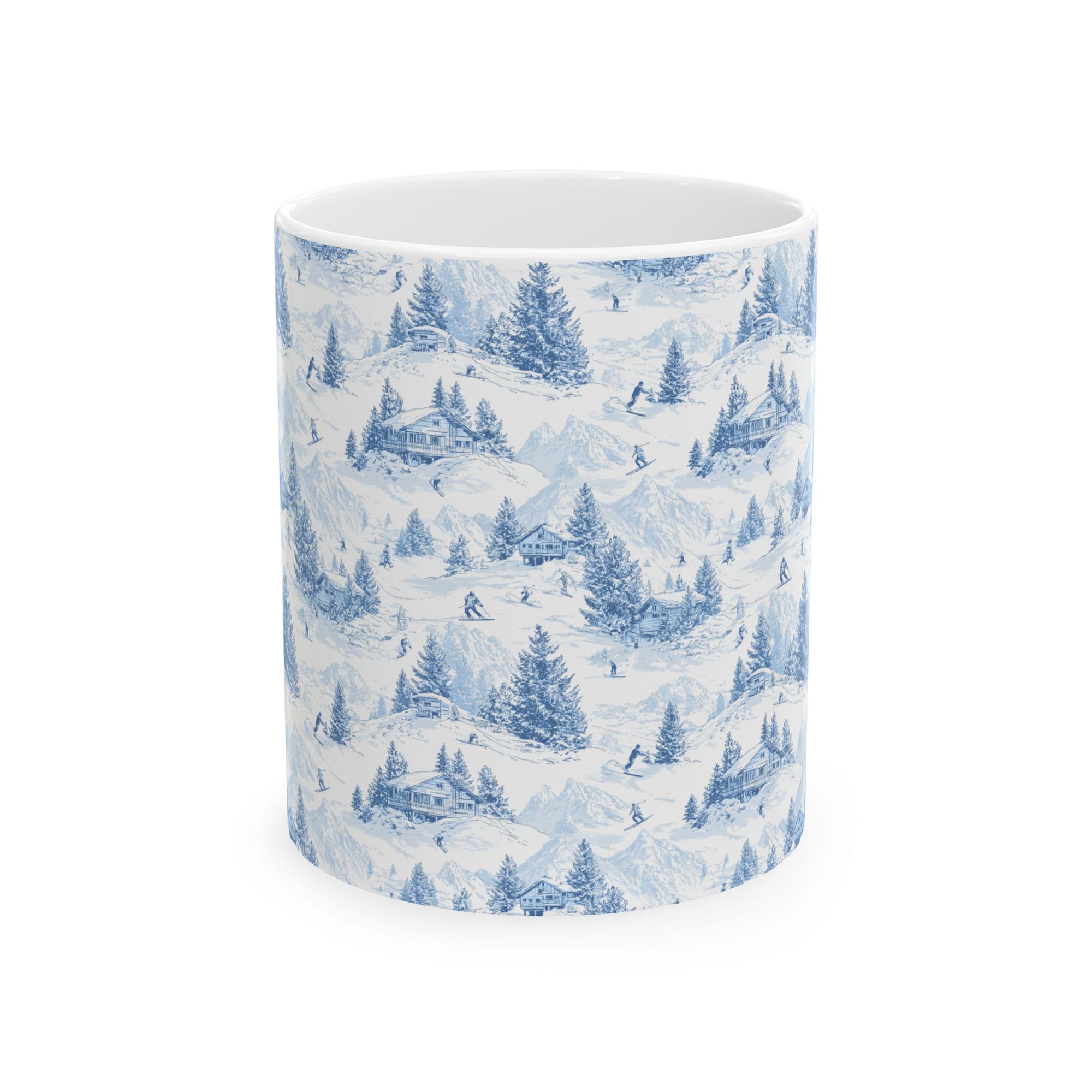 Ceramic mug with a blue winter landscape pattern on a white background