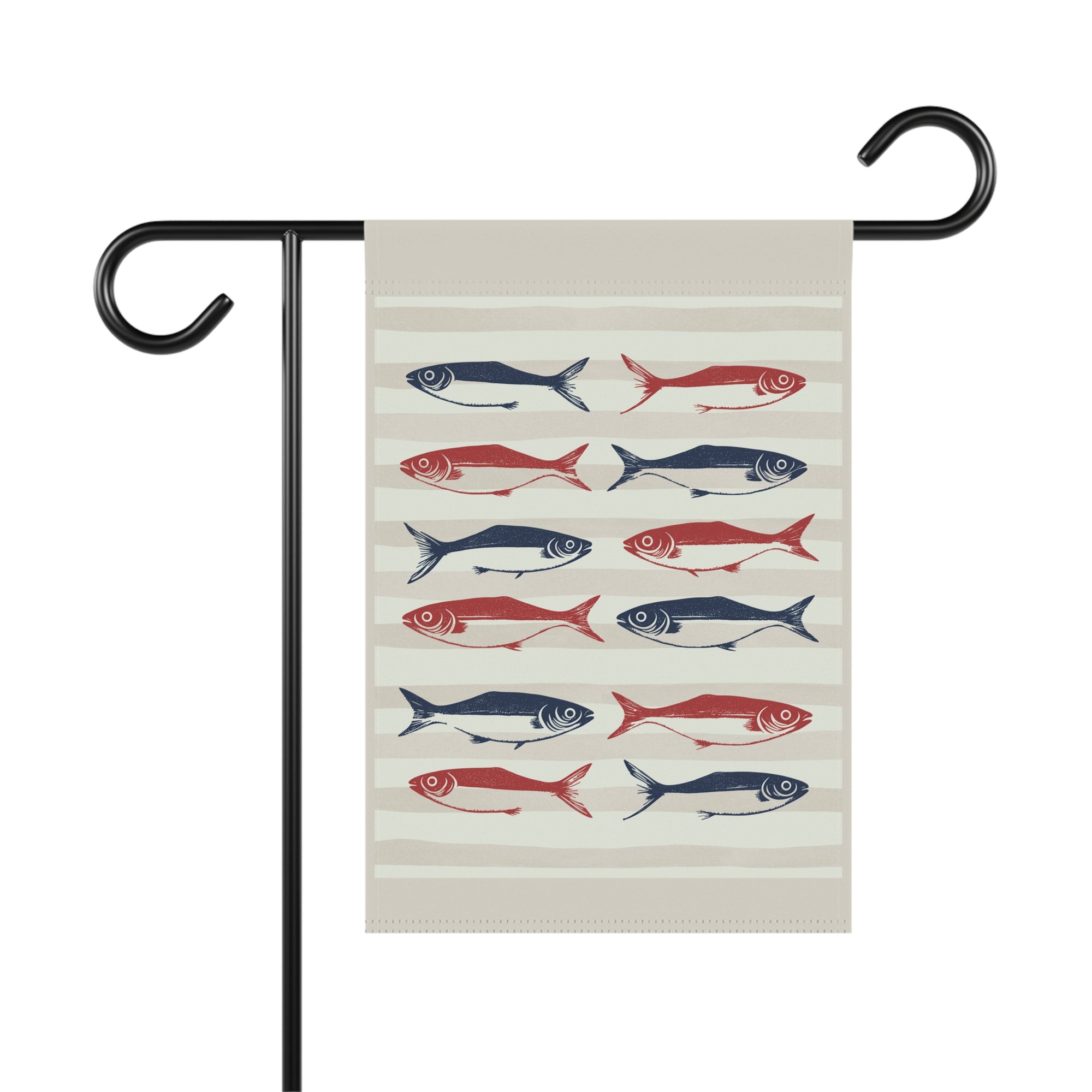 Nautical fish garden flag in patriotic red, white, and navy blue