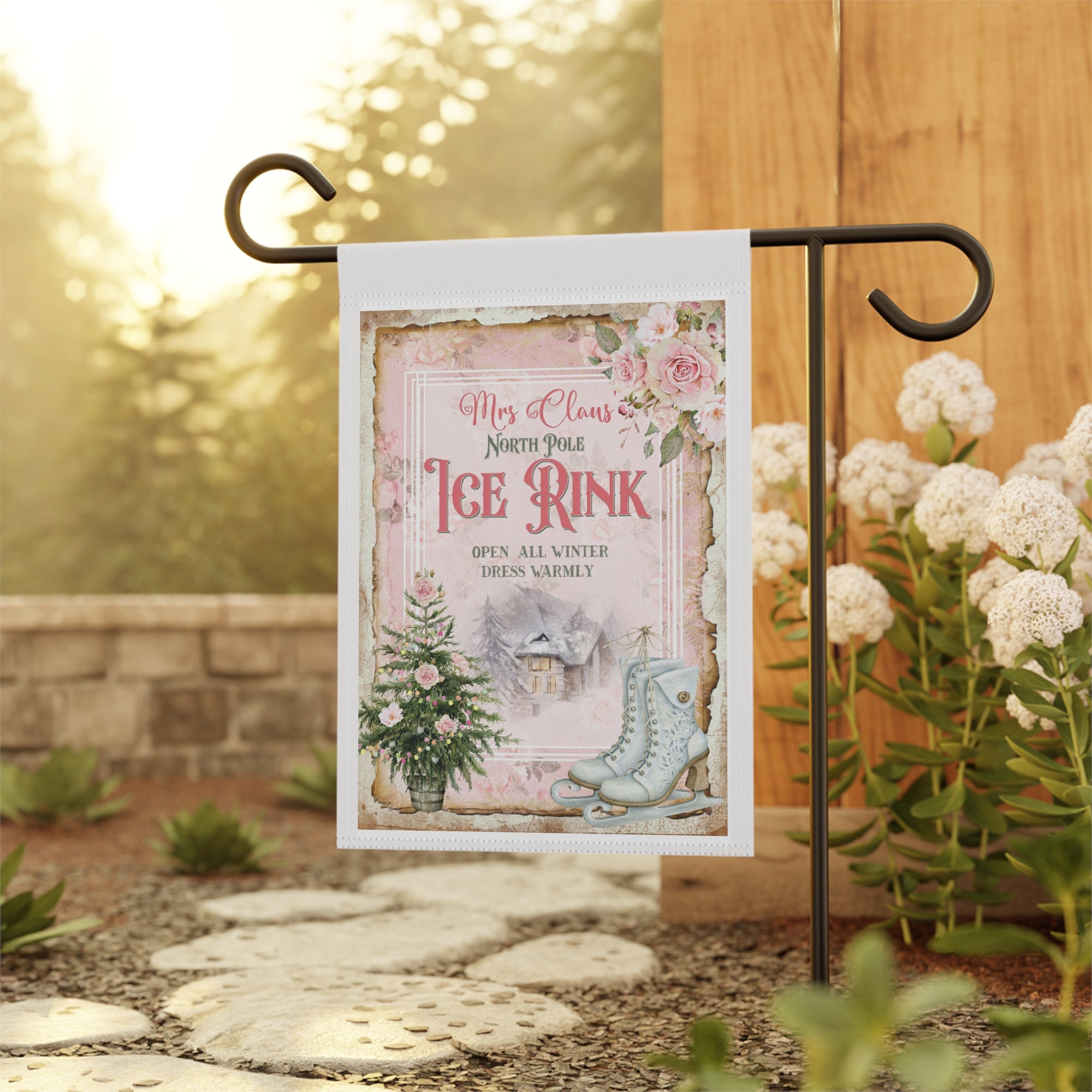 Vintage Mrs Claus Ice Skating Christmas Garden Flag 12x18 – Pink Grandmillennial Winter Yard Decor