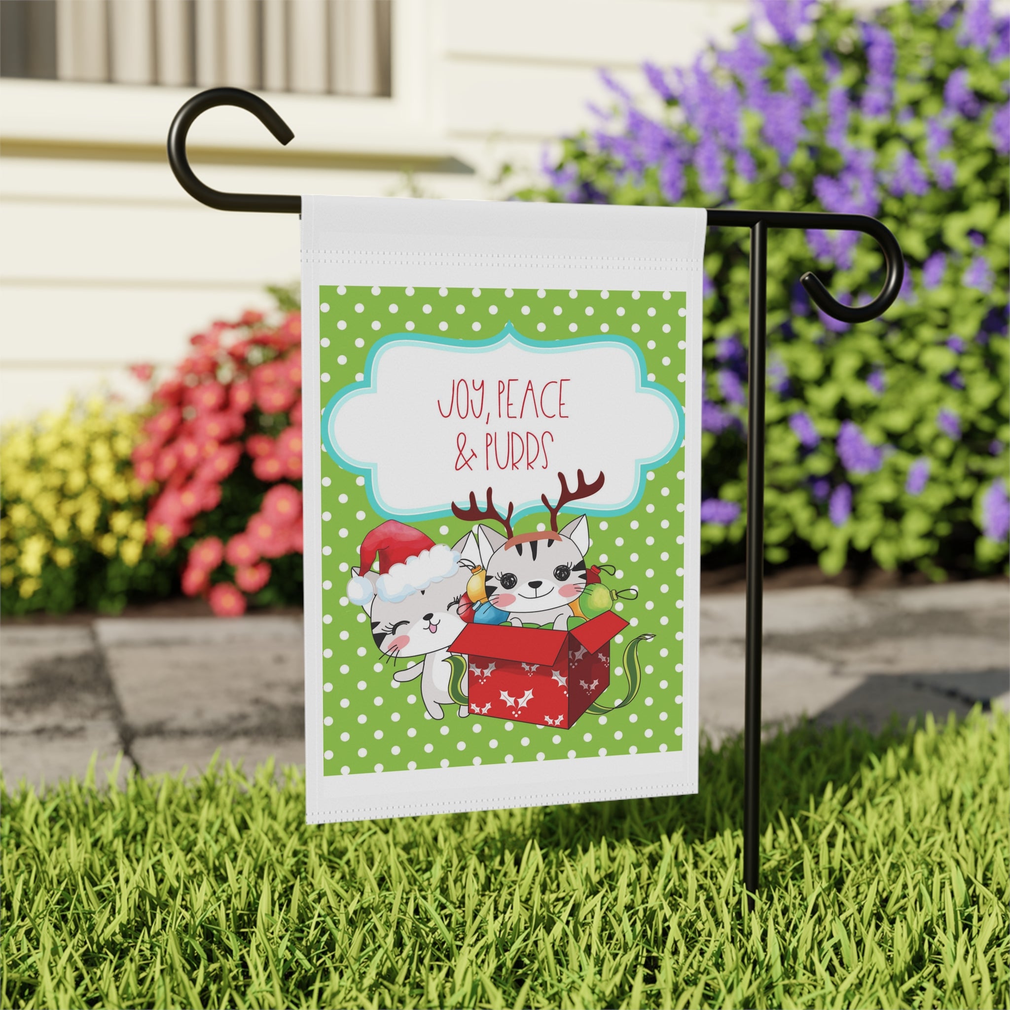 Joy Peace and Purrs Christmas Cat Garden Flag 12x18 – Cute Winter House Yard Decor