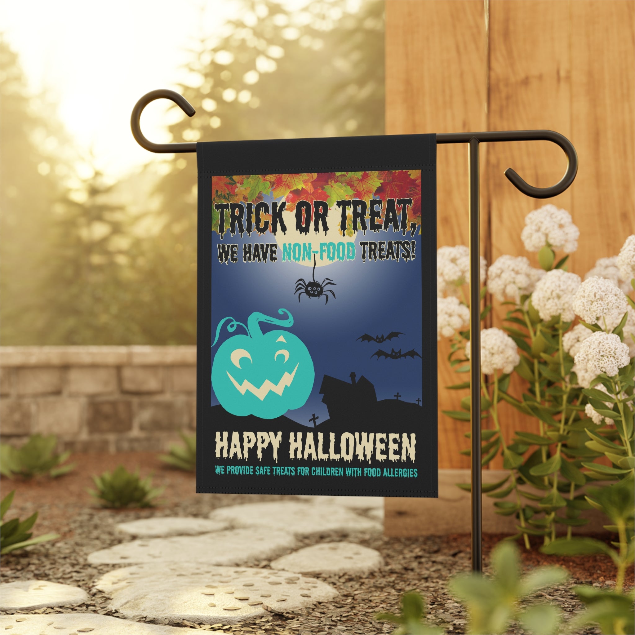 Trick or Treat Non Food Sign Garden Flag 12x18 – Teal Pumpkin Halloween Yard Decor