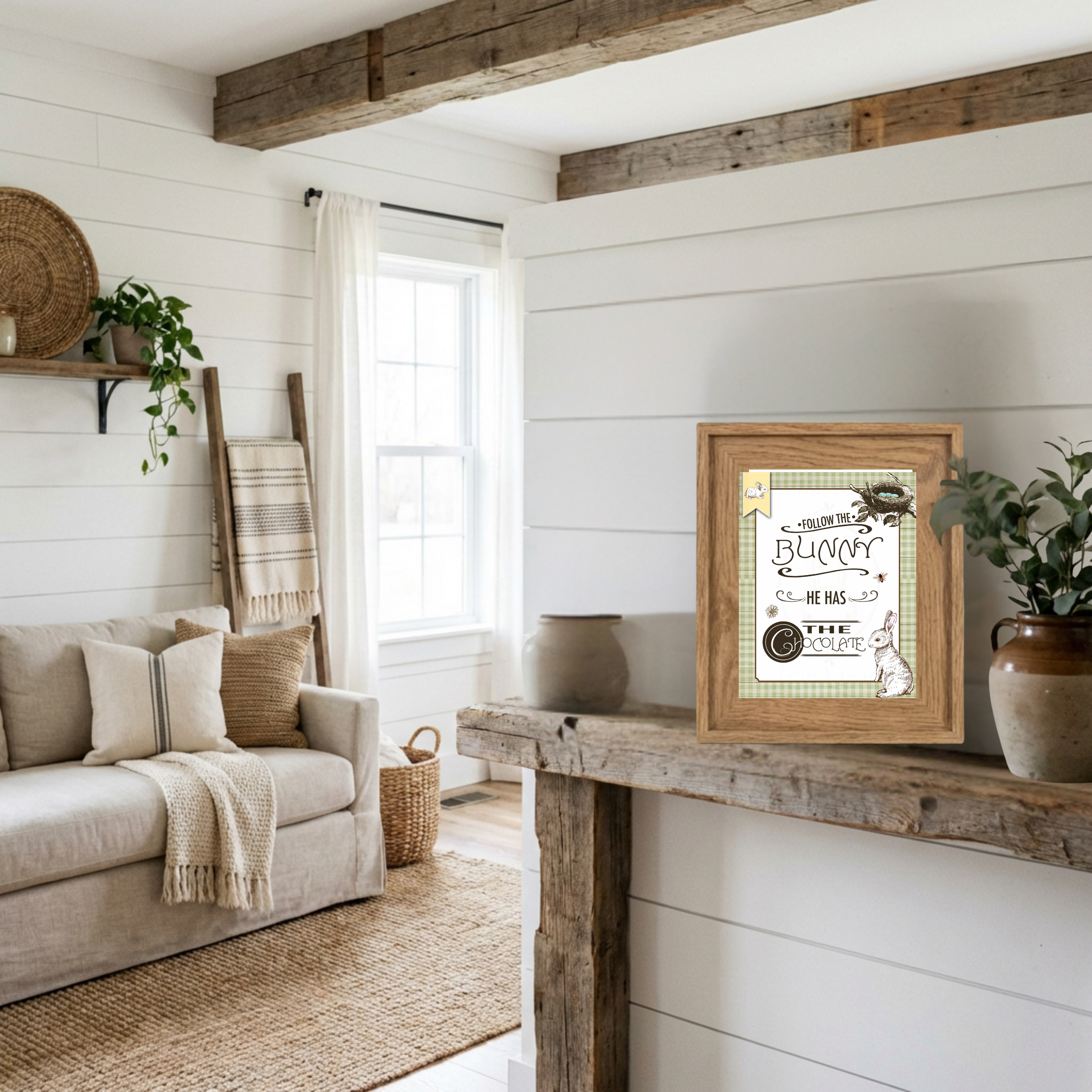 Cozy living room with a rustic wooden table, framed picture, and comfortable sofa.