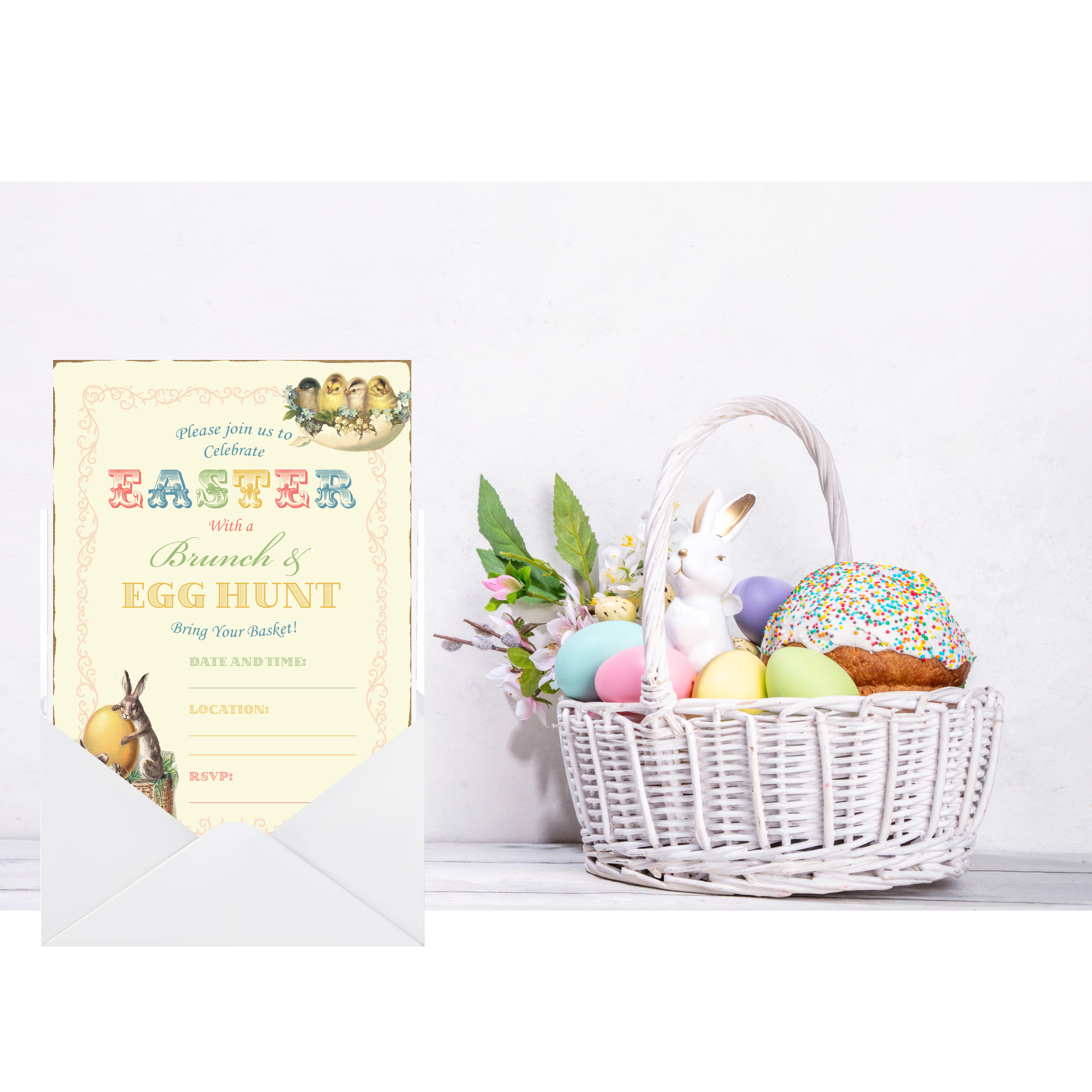 Vintage Easter Brunch Egg Hunt Party Supply Invitation - Digital Download