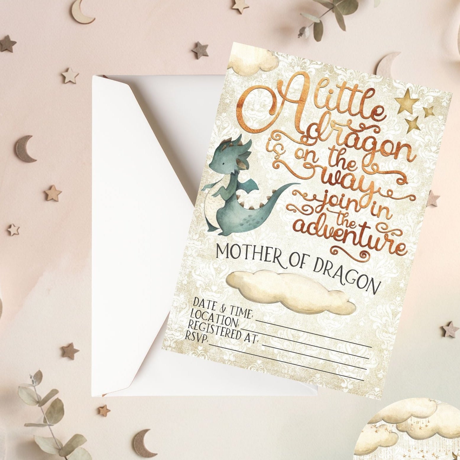 Baby shower invitation with dragon illustration on a decorative background for the Mother of Dragons