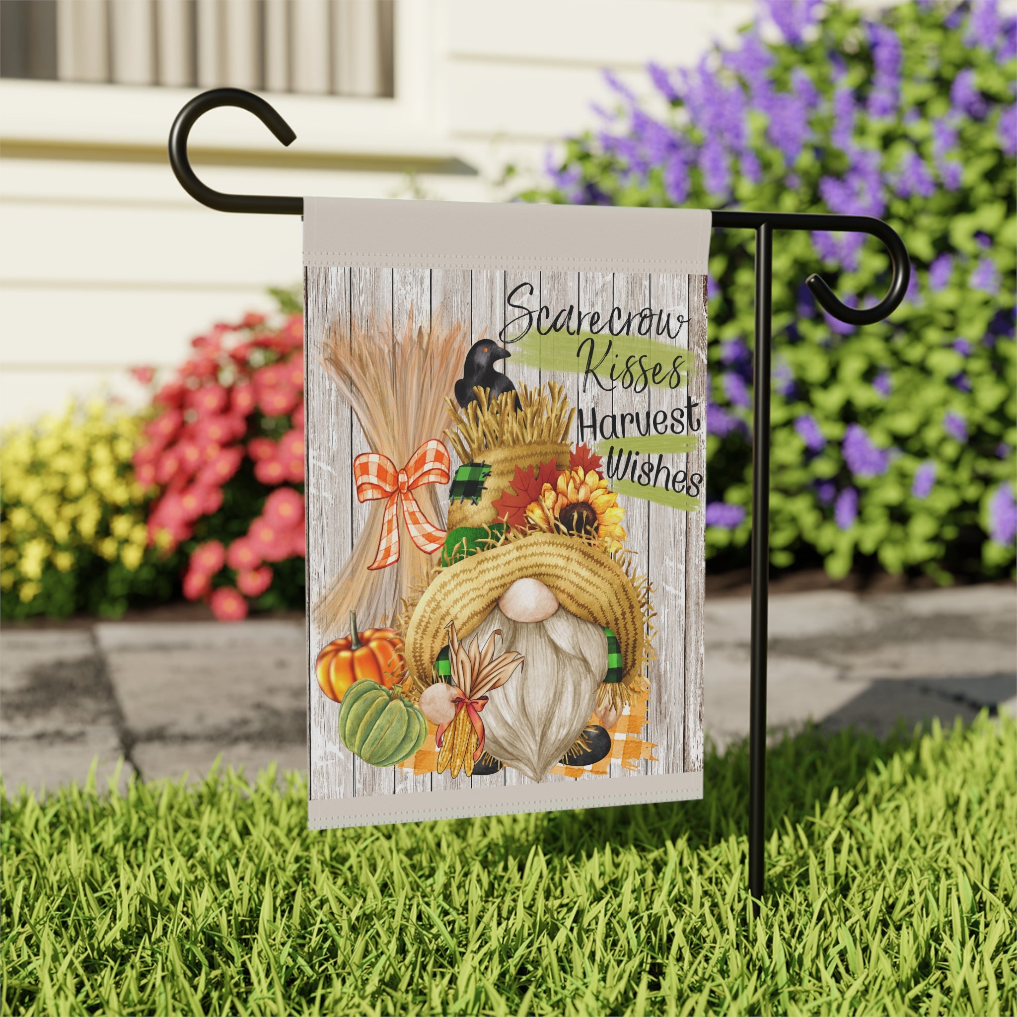 Scarecrow Kisses Harvest Wishes Garden Flag 12x18 – Autumn Gnome Fall House Yard Decor