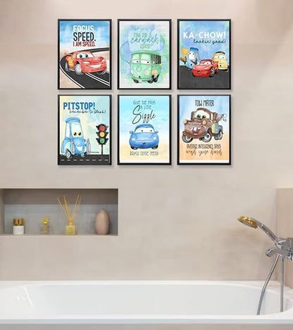 Colorful Cars Movie Themed Bathroom Wall Art Print Decor, Bath Reminders
