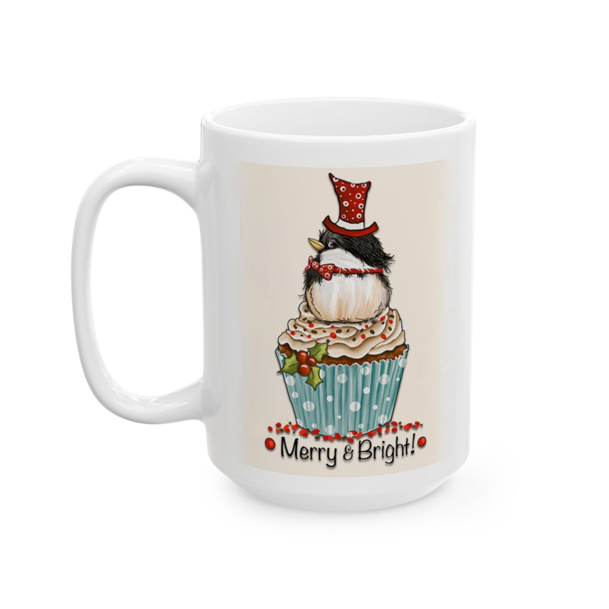 Merry and Bright - Cute Bird Cupcake Christmas Mug Drinkware Design (11oz, 15oz)