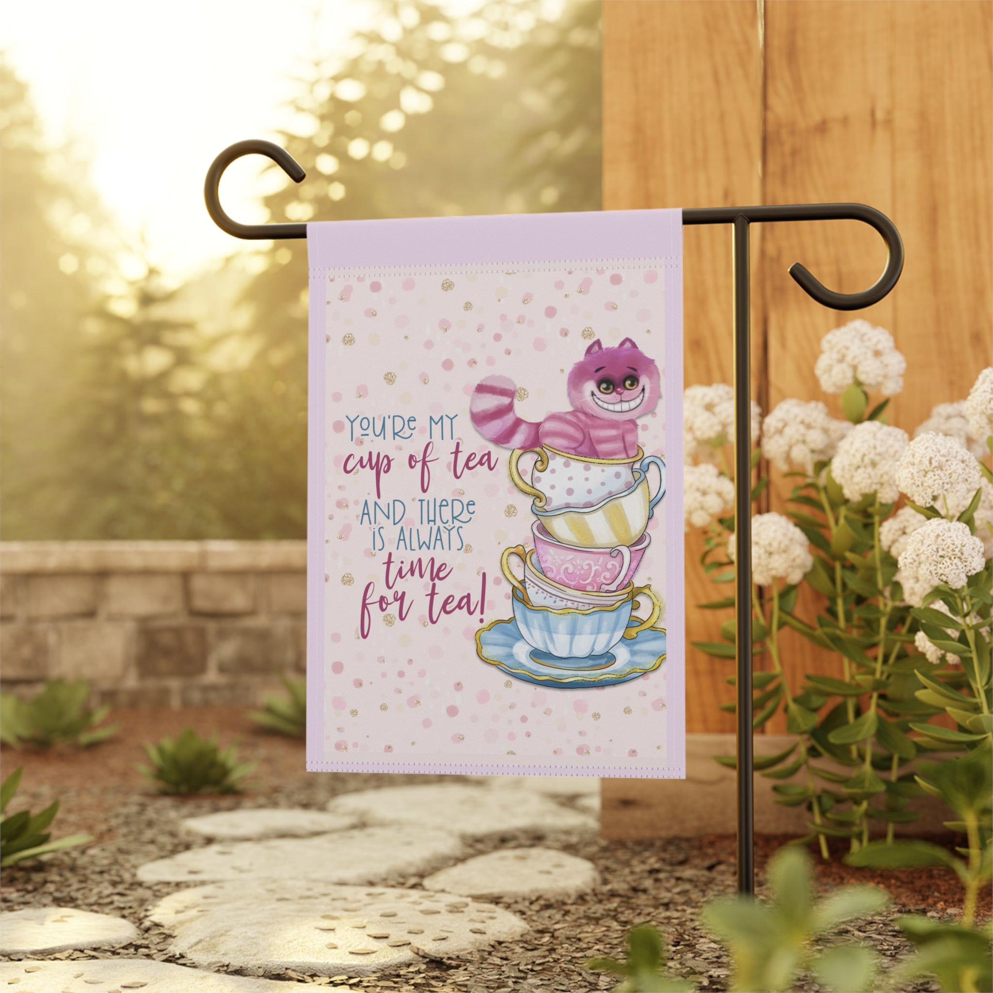 You're My Cup of Tea Garden Flag 12x18 – Classic Children Cheshire Cat Book Yard Decor