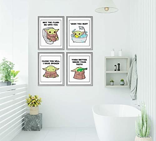 Silly Goose Gifts This Is The Way Bounty Hunter Bathroom Wall Art Print Set - Baby Yoda Movie Themed Bathroom Decor - Funny Bathroom Reminders Quotes - Posters for Walls - Set of 4 (Baby Yoda)