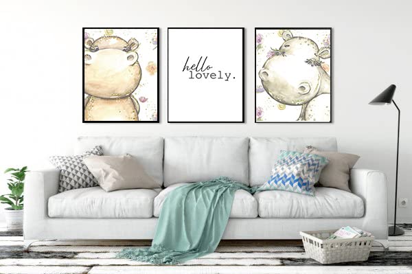 Hello Lovely Hippo Wall Art Prints - Set of 3, 8x10 Glitter Bathroom Decor