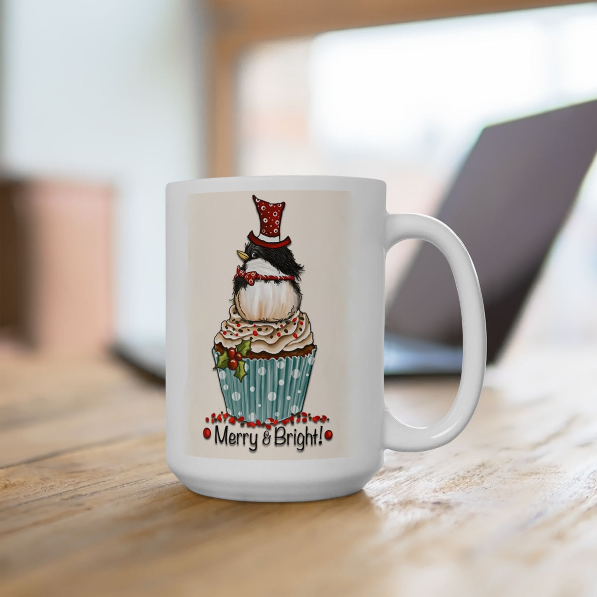 Merry and Bright - Cute Bird Cupcake Christmas Mug Drinkware Design (11oz, 15oz)