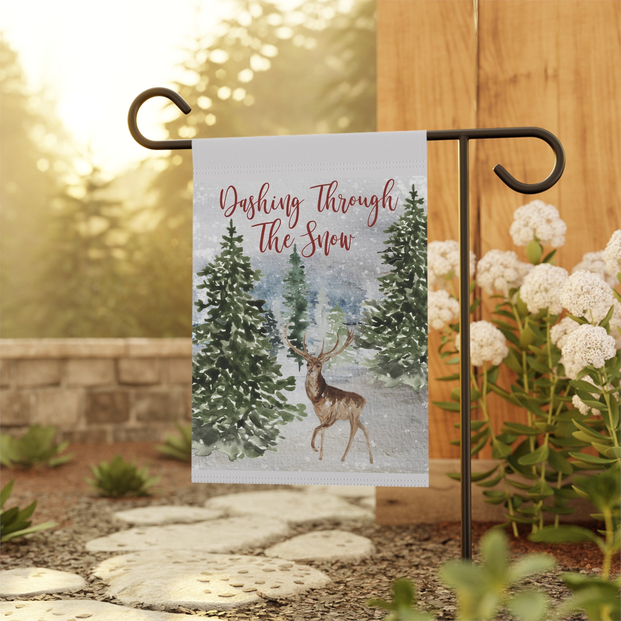 Dashing Through the Snow Deer Woodland Christmas Garden Flag 12x18 – Vintage Heritage Winter Yard Decor