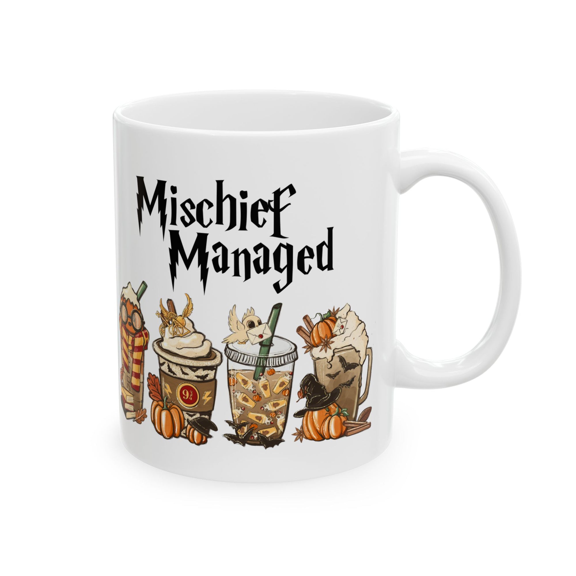 White mug with 'Mischief Managed' text and Halloween-themed illustrations on a white background