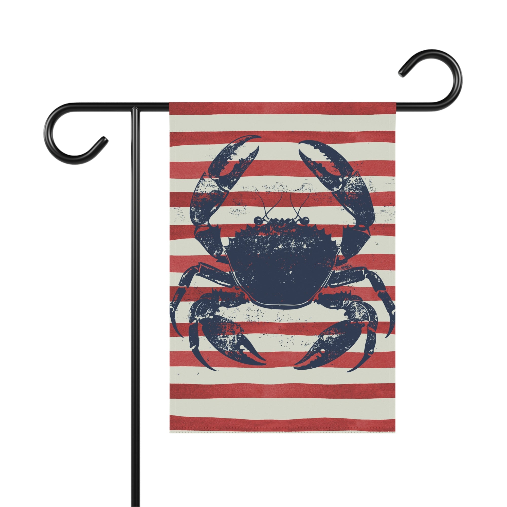 Weathered blue crab garden flag in patriotic red, white, and navy