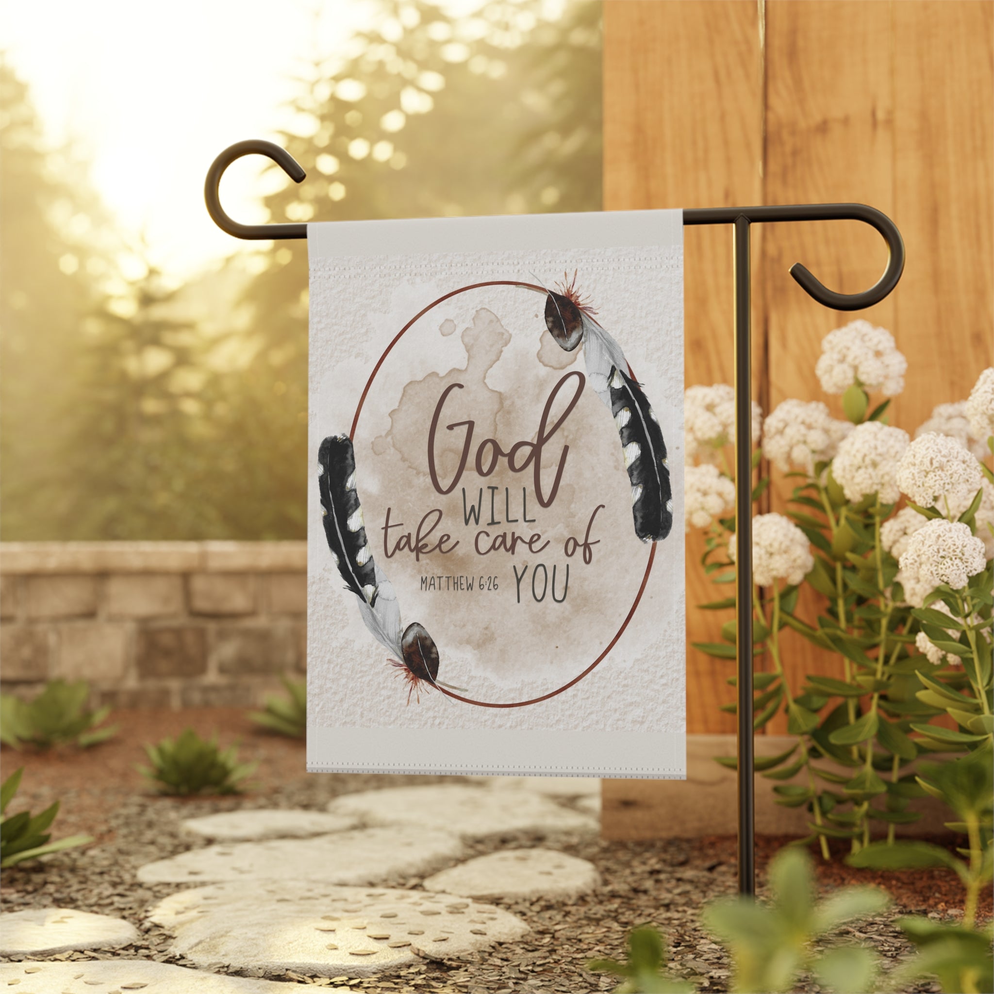 Christian faith scripture garden flag displayed outdoors on a porch flag stand