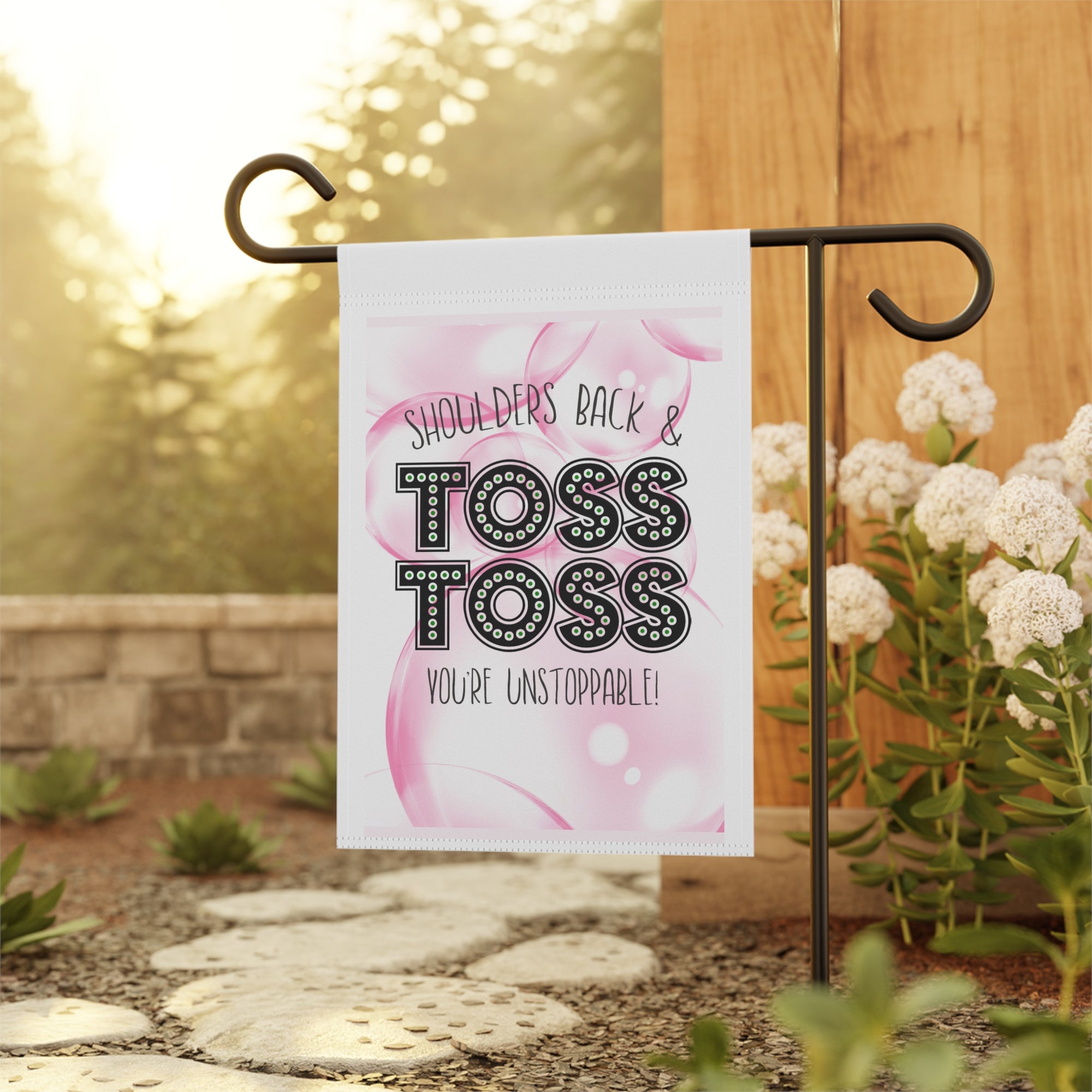 Pink Shoulders Back Toss Toss Garden Flag 12x18 – Bubbles Musical Yard Decor