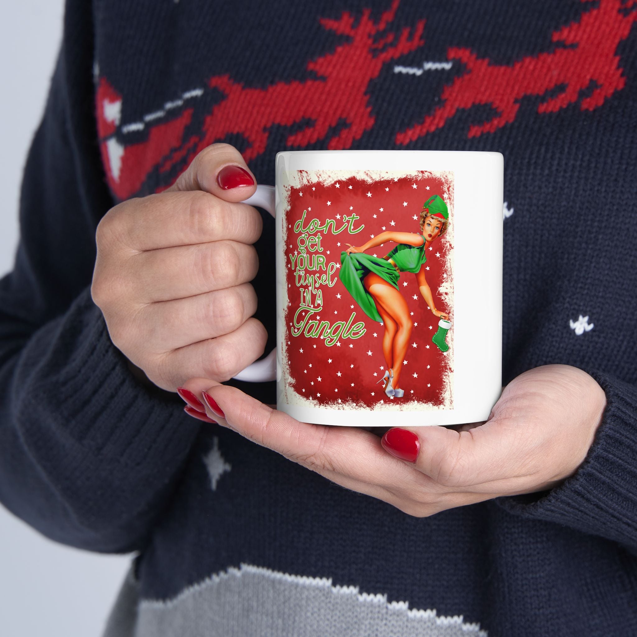 Don't Get Your Tinsel In A Tangle – Funny Vintage Christmas Pinup Mug (11oz, 15oz)