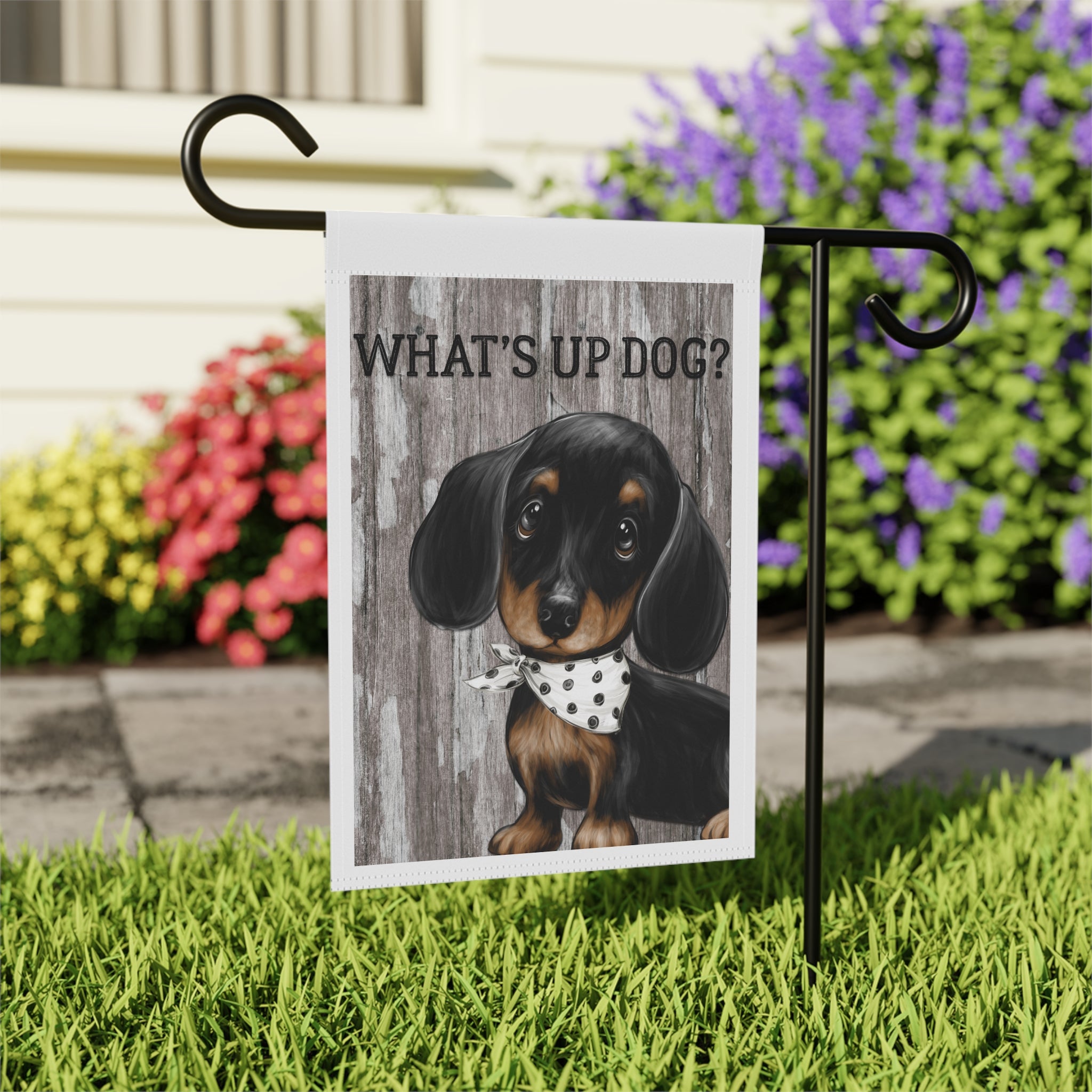 Close-up of What's Up Dog Dachshund garden flag with watercolor dog detail
