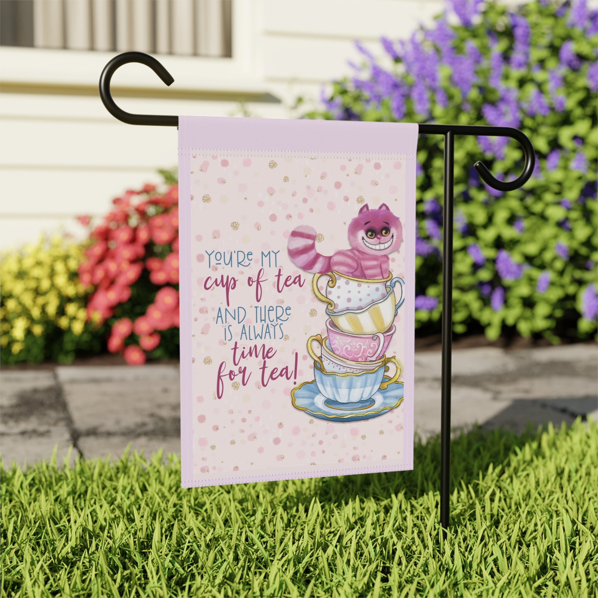 You're My Cup of Tea Garden Flag 12x18 – Classic Children Cheshire Cat Book Yard Decor
