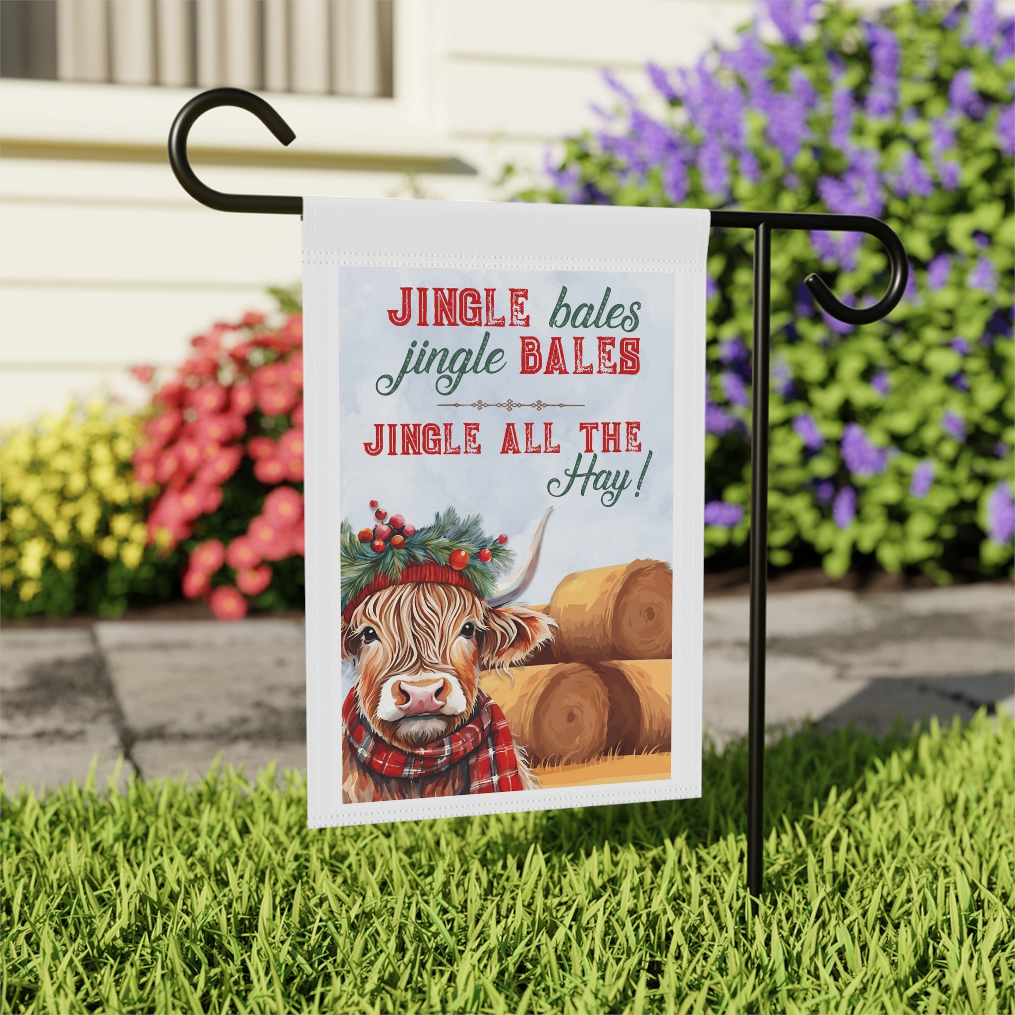 Jingle Bales All the Hay Christmas Highland Cow Garden Flag 12x18 House Yard Decor