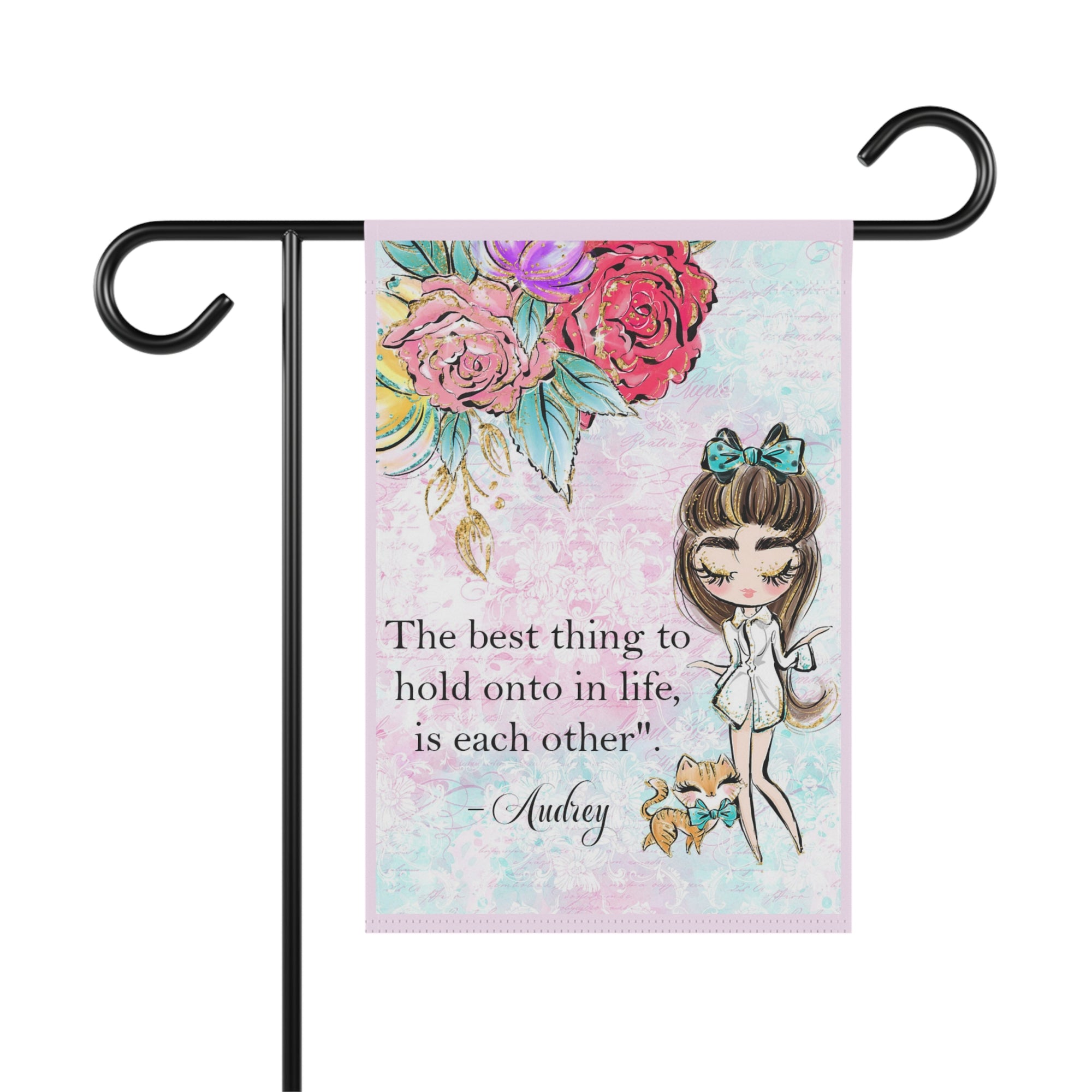 Beautiful vintage fashion girl quote watercolor garden flag with blue box and cat