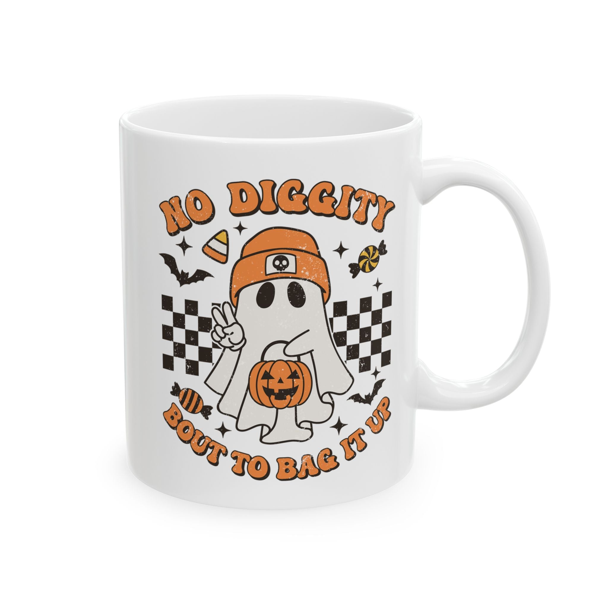 No Diggity, Bout To Bag It Up – Funny Retro Ghost Halloween Coffee Mug (11oz, 15oz)