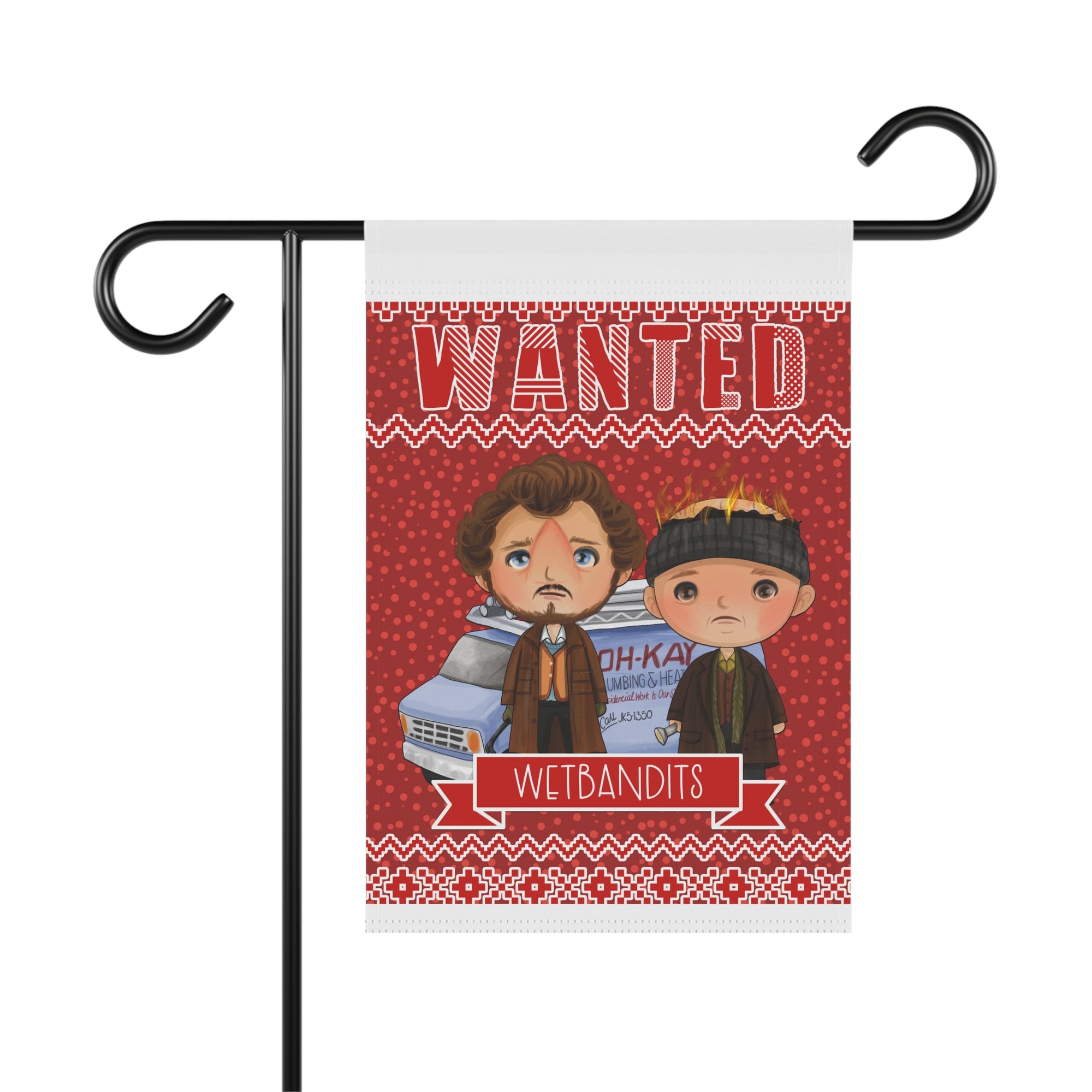 Funny wanted poster Christmas garden flag with two bumbling holiday burglars, 12x18 winter yard decor