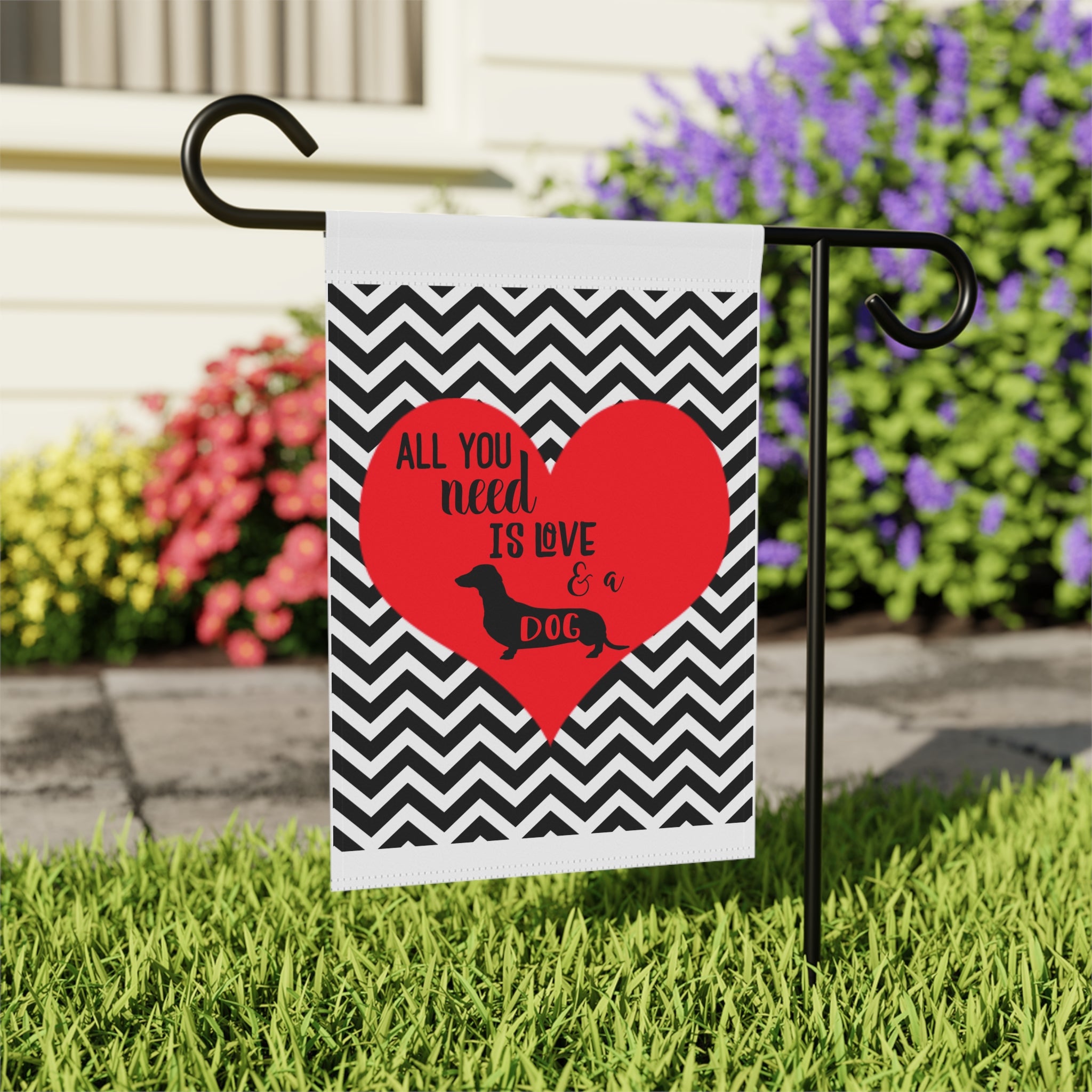 Close-up of Love Is Wet Nose Dachshund garden flag with hand-drawn dog detail