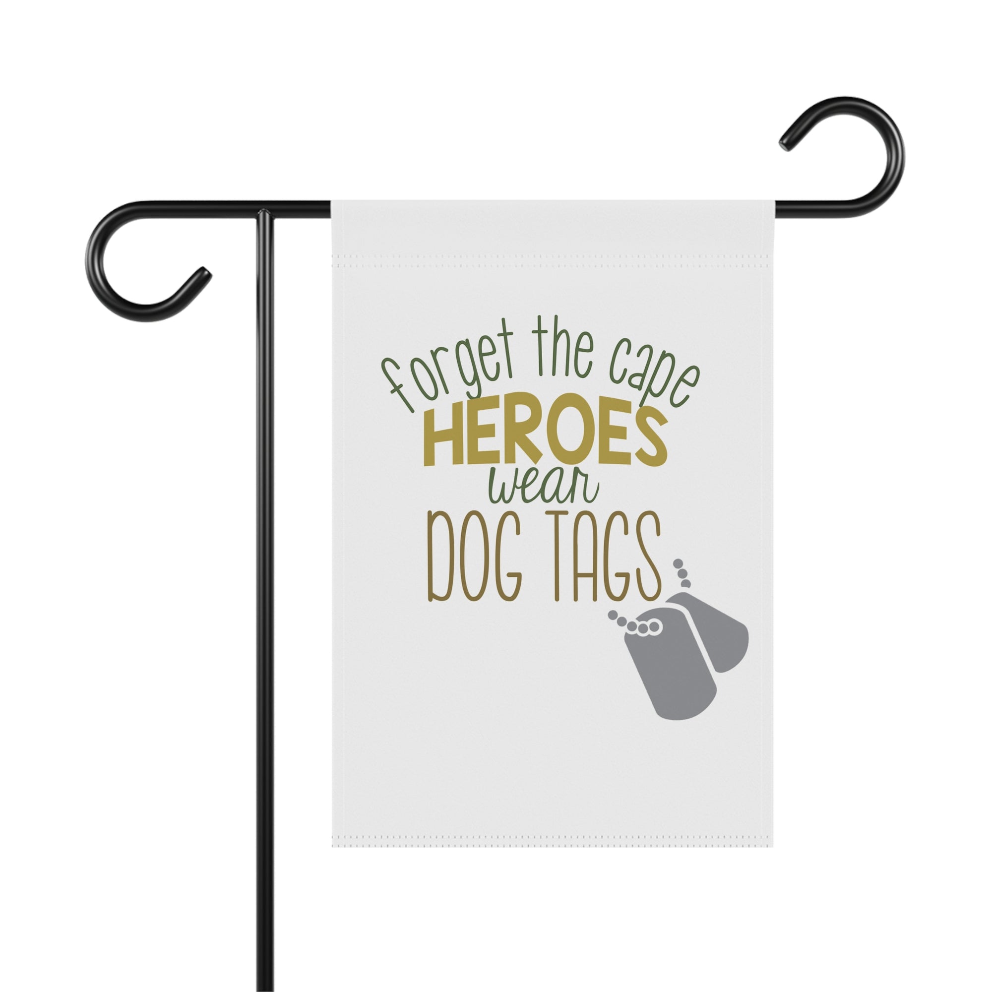 Heroes Wear Dog Tags military garden flag in patriotic red, white, and blue