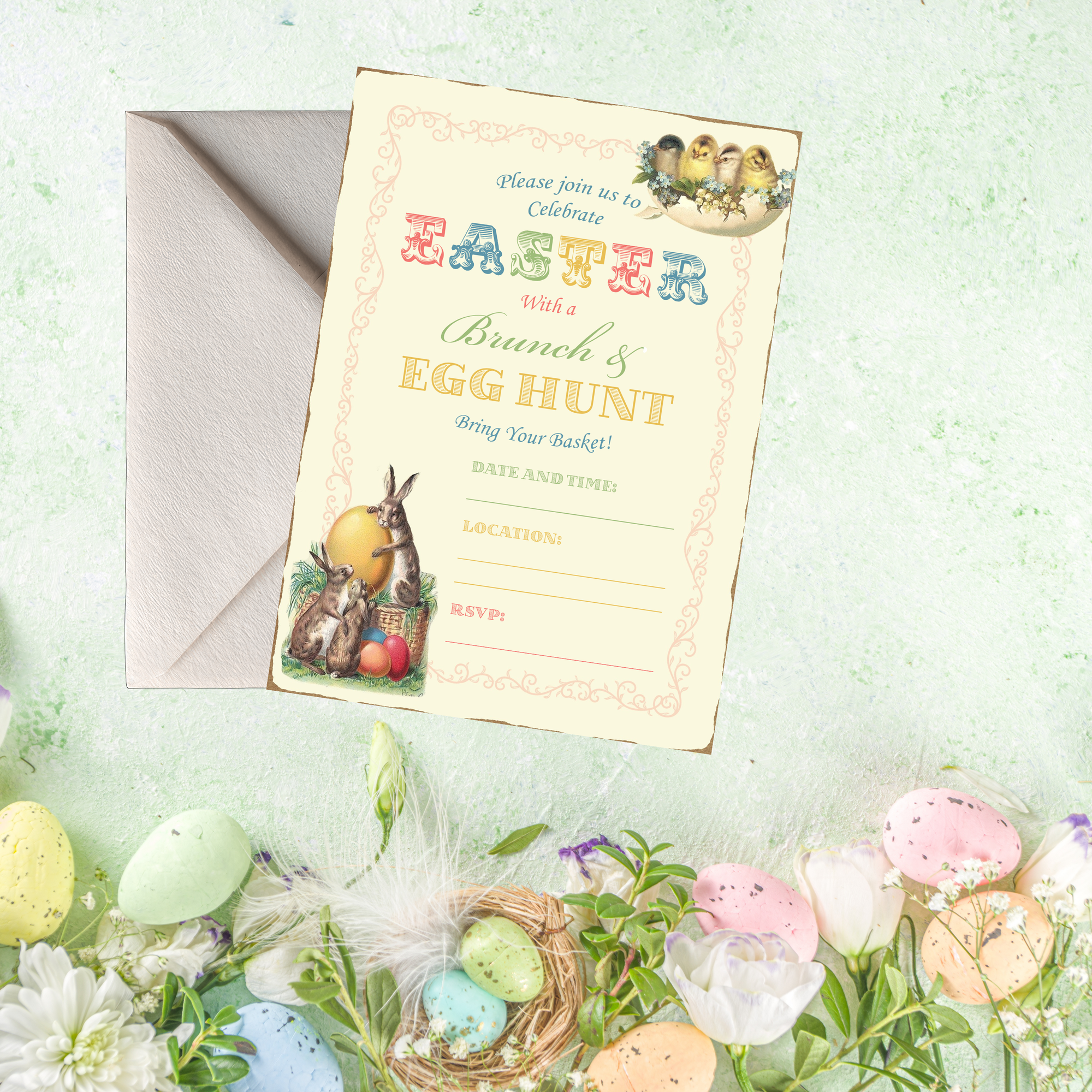 Easter invitation card with eggs and flowers on a light green background