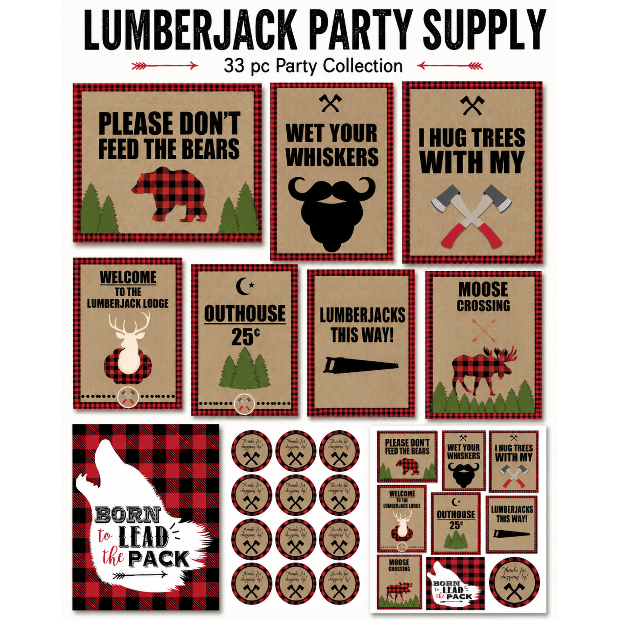 Camping party favor stickers reading Thanks for chopping by, set of 12