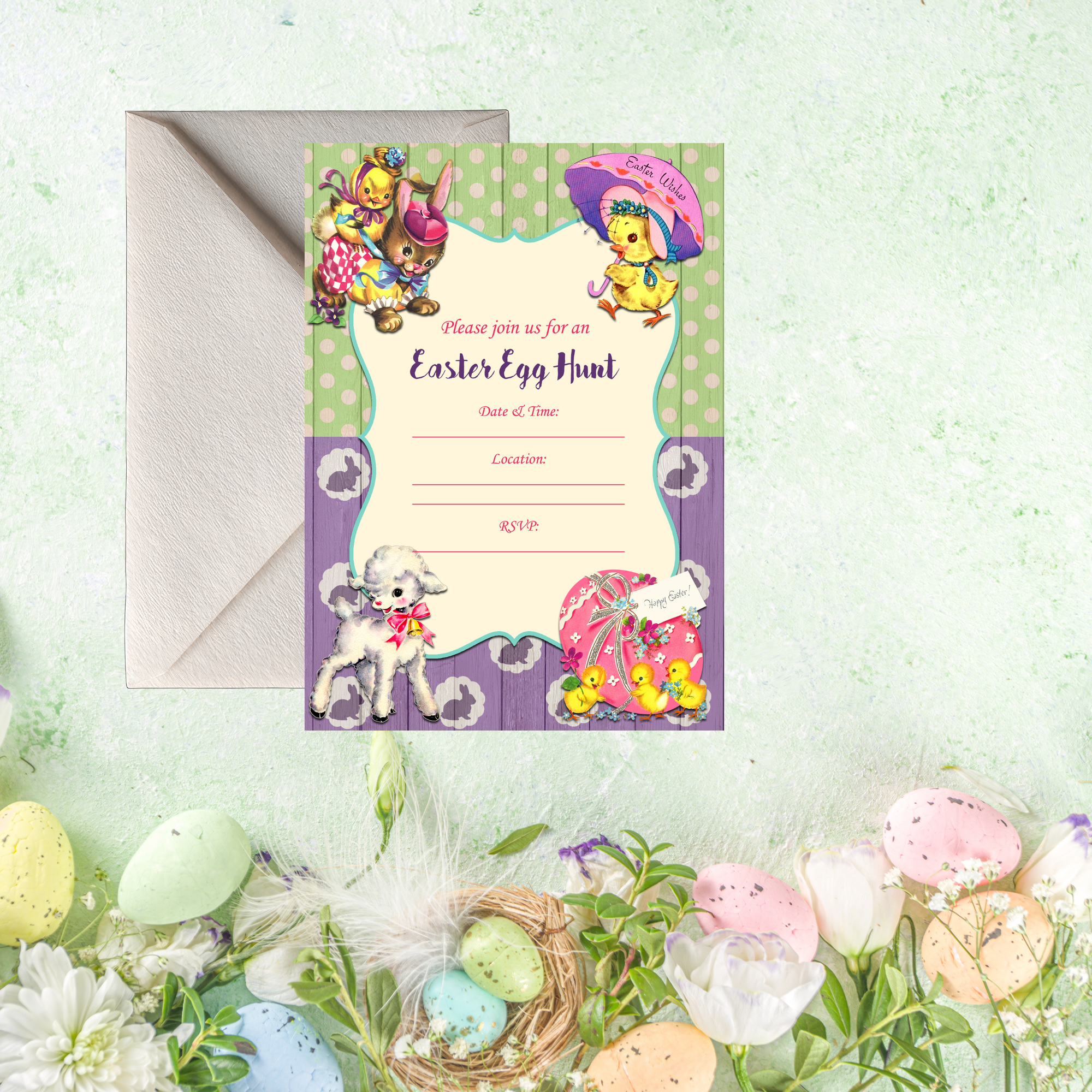 Easter-themed invitation card with decorative elements on a light green background