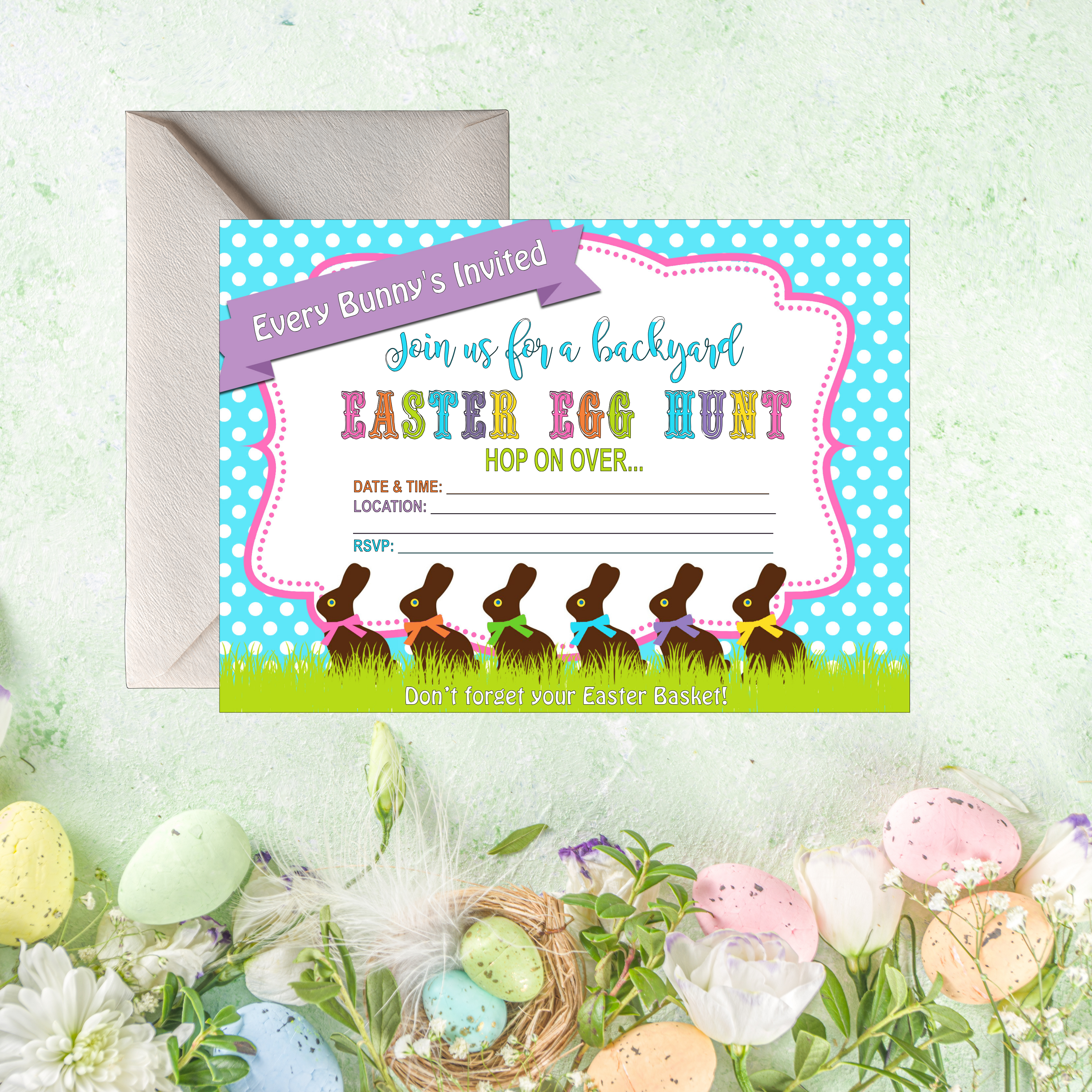Chocolate Easter Bunny Egg Hunt Party Supply Invitation - Digital Download
