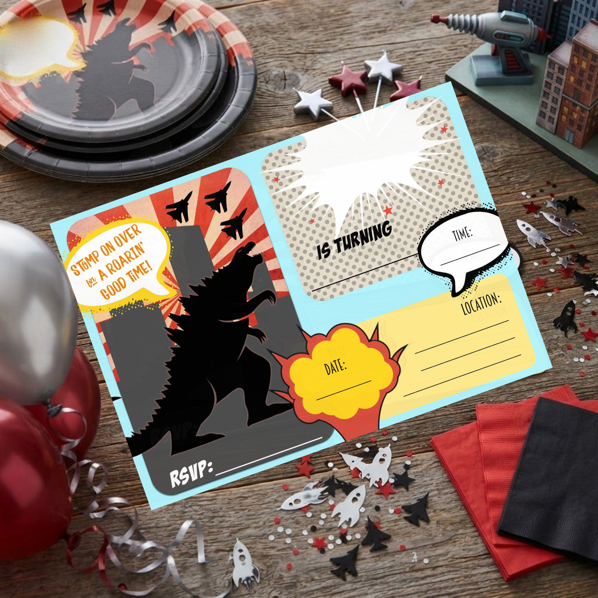 Thanks for stomping by monster party favor stickers in three retro comic designs