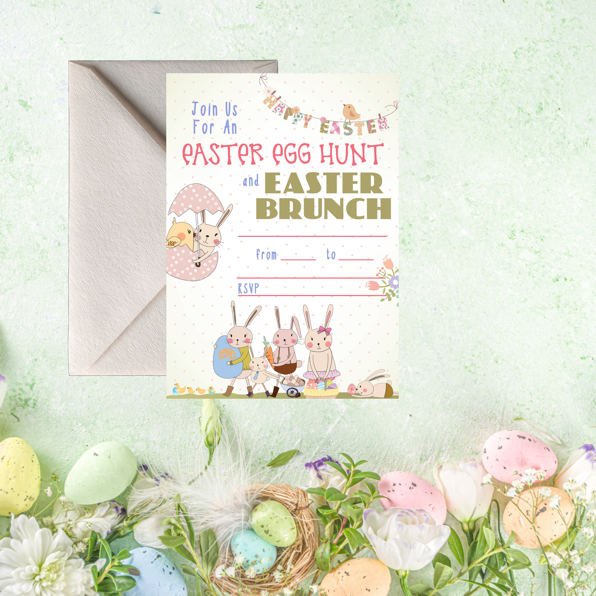 Easter-themed invitation card with cartoon bunnies and Easter eggs on a decorative background.