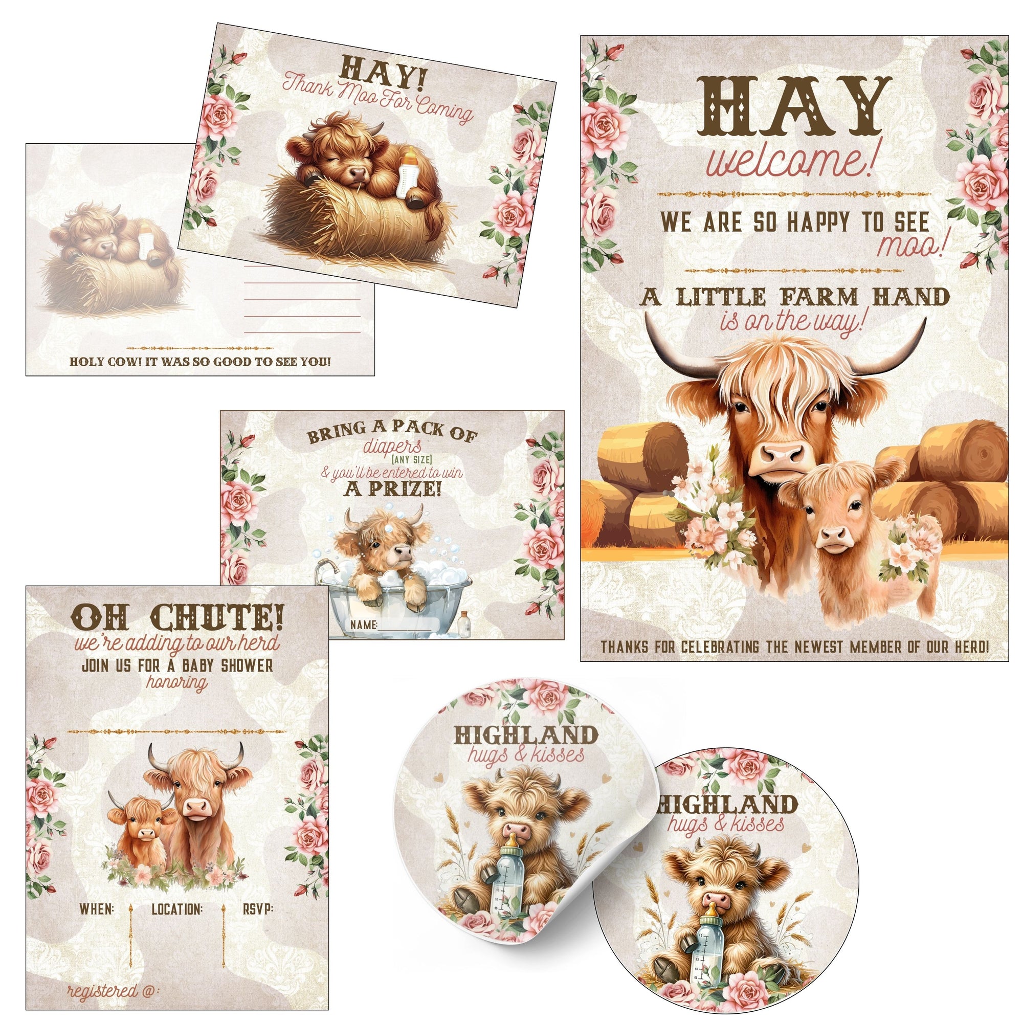 A coordinated set of rustic farm-themed stationery items displayed on a white background, including a main invitation card, a separate insert card, a registration card, a round sticker, and a die-cut sticker. The design features a Highland cow and calf, floral borders, and text such as 'HAY welcome!' and 'OH CHUTE!'.