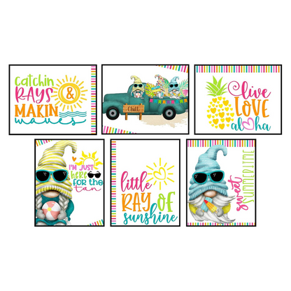 Sweet Summertime - Bright Happy Gnome Themed Home Art Print Design Wall Decor (Set of Six)