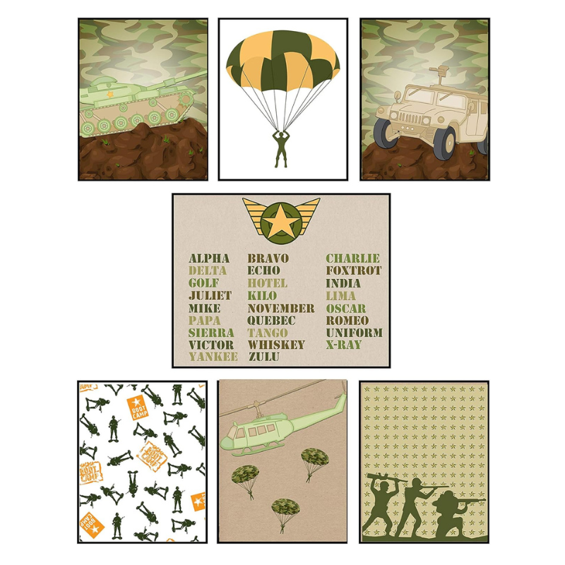 Army Military Themed Room Wall Art Print Decor (Set of 7) 8x10"