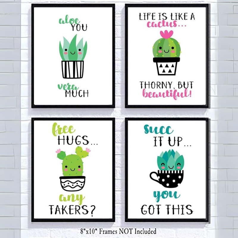 Adorable Cactus Succulent Uplifting Wall Art Decor Prints Signs Poster Inspirational Sayings (Set of Four) Kawaii Cutesy Cheery