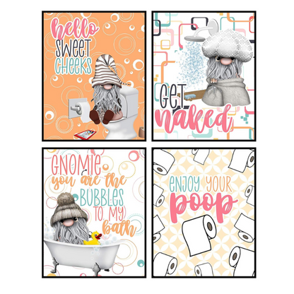 Silly Goose Gifts Gnome Bathroom Themed Art Print Design Wall Room Home Decor Set (Bubbles)