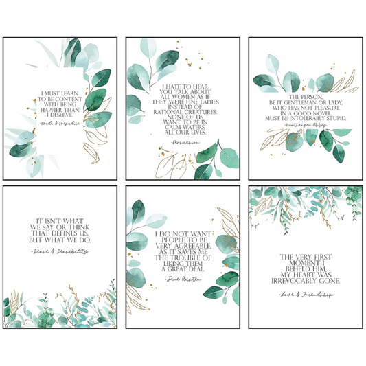 Silly Goose Gifts Jane Austen Book Quotes - Themed Wall Art Print Pictures Room Decor (Set of 6) Watercolor Decoration