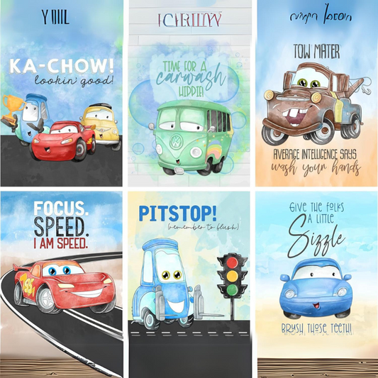 Colorful Cars Themed Bathroom Wall Art Print Decor (Set of Six) Bath Reminders Wash Flush Brush Decoration 8x10in. Picture Poster Hanging Sign Cute Kids