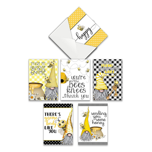 Silly Goose Gifts You're My Favorite Gnomie - Bee Hive Gnome Themed Greeting Card Assortment Set (Set of 6) with Envelopes Blank