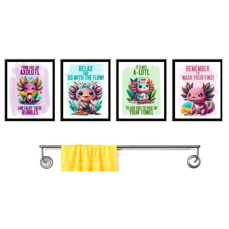 Darling Axolotl Themed Bathroom Wall Art Decor (Set of Four) Wash Fins Hang Towel Enjoy Bubbles Bath Prints Picture Sign Poster Hanging