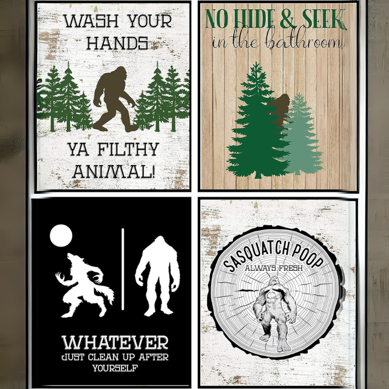 Funny Bigfoot Themed Art Prints Wall Decor Set, Rustic Bathroom Themed